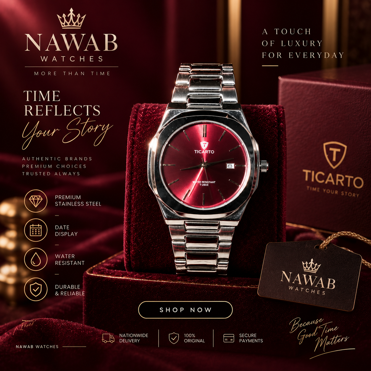 Ticarto Classic Maroon Dial Stainless Steel Watch