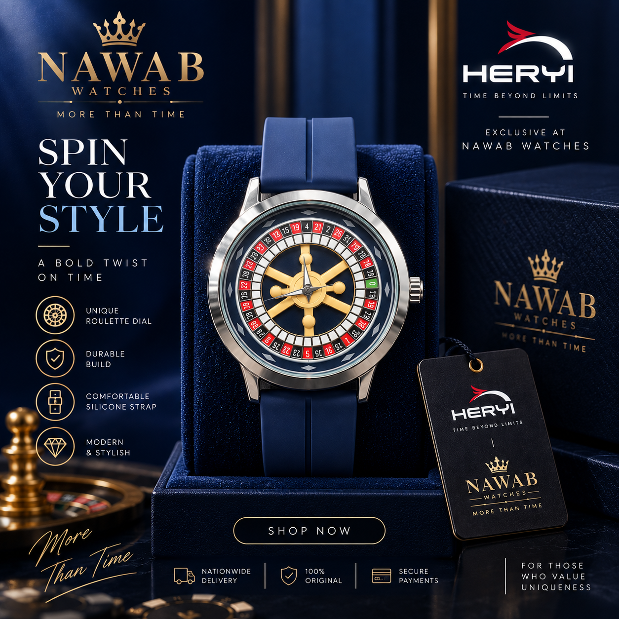 HERYI Roulette Style Blue Silicone Strap Watch
