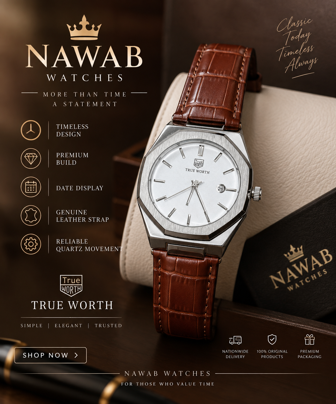 True Worth Classic Brown Leather Watch